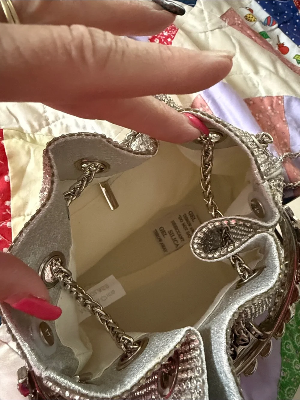 NWT Womens Silver Crystal Drawstring Bucket Bag 10” x 4” x 24”